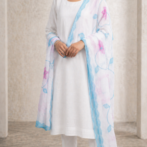 Cotton Dupatta – Off White with Sky Blue & Pink Floral Embroidery