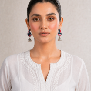 Navy Red Printed Fabric Jhumka Earrings