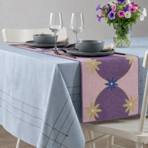Handcrafted Beaded Table Runner – Floral Lavender Design with Stone Work
