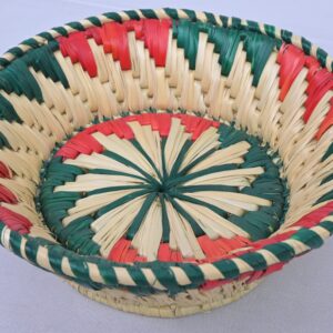 Handwoven Fruit Basket – Natural Bamboo with Red & Green Traditional Design