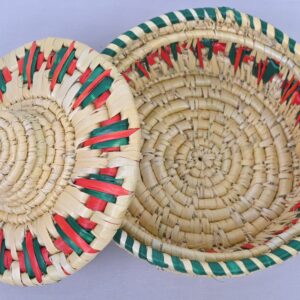 Handwoven Bamboo Fruit Basket with Lid – Natural Beige with Red & Green