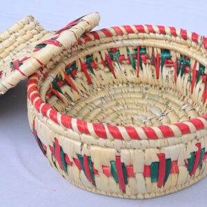 Handwoven Bamboo Open Fruit Basket – Concentric Base Pattern with Tri-Color Rim