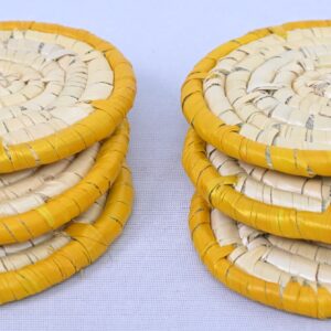 Handwoven Bamboo Tea Coaster Set of 6 – Spiral Weave Round Mats with Yellow Rim