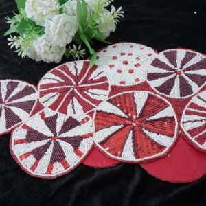 Handmade Beaded & Sequin Table Runner – Red & White Circular Design