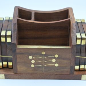 Wooden Desk Organizer with Mobile Stand & Coaster Holder