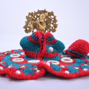 Red Green Woolen Pearl Stone Handcrafted Laddu Gopal Dress Set